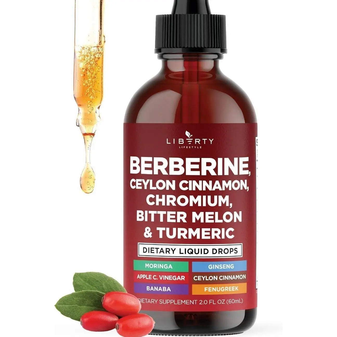 Berberine with Ceylon Cinnamon Supplement Liquid Drops + Bitter Melon Extract, Glucomannan, Gymnema, Chromium, Turmeric, Panax Ginseng, Moringa- 2 OZ