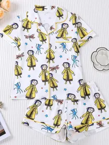 Women’s Monkey Print Pajama Set – Short Sleeve Button-Up Top & Elastic Waist Shorts, Soft Comfortable Sleepwear
