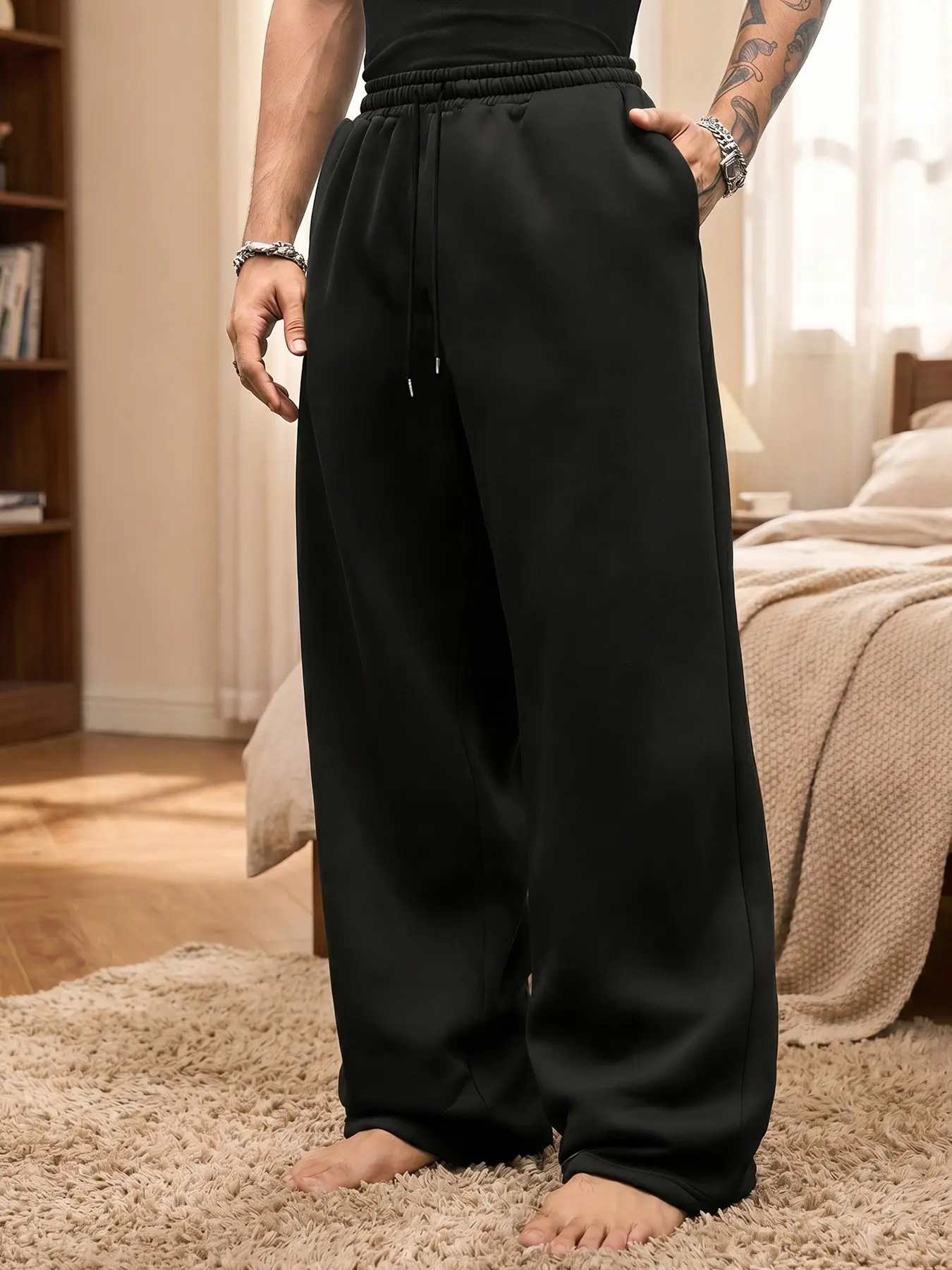 Men's Wide-Leg Sweatpants, Loose Fit Drawstring Waist, Casual Summer Pajama Pants, Trendy High Street Style, All-Season Wear