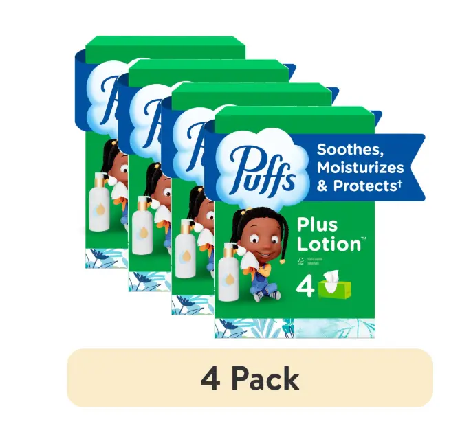 (4 pack) Puffs Plus Lotion Facial Tissues, 4 Family Boxes, 124 tissues per box