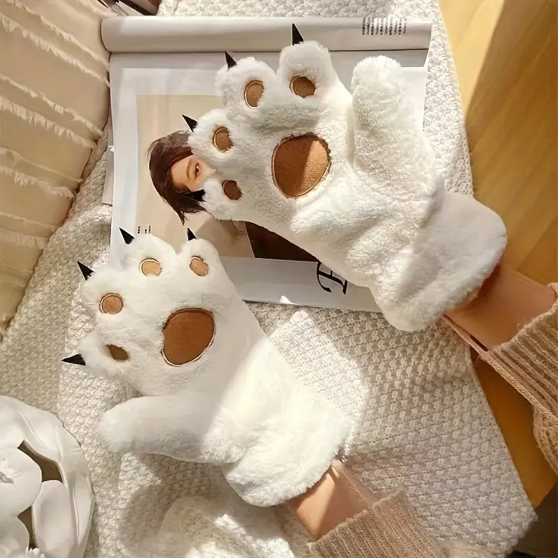 [Cute Bear Paw Plush Gloves] 2pcs  - Cute Bear Paw with Thickened Cat Claw for Outdoor Ski Riding Winter Warm Plush Gloves