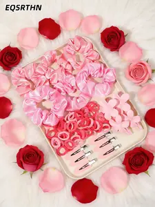 "Valentine's Day pink hair accessories carnival set, 64-piece set with glossy large intestine ring, flower grip clip and seamless hairpin, daily party free ride, women's fashion must!"