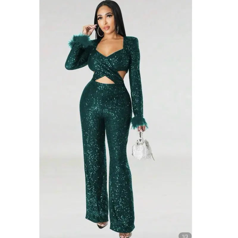Sequin Patchwork Hollow-Out Flare Sleeve Jumpsuit