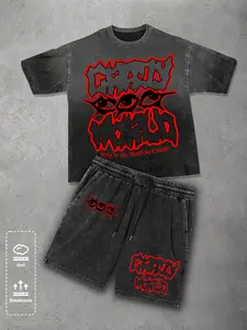 Mens Acid Wash Crazy World Graphic Streetwear Set - Oversized Ripped Distressed T-Shirt & Matching Shorts, Vintage Grunge Aesthetic Two-Piece Outfit for Summer Skate & Music Festivals