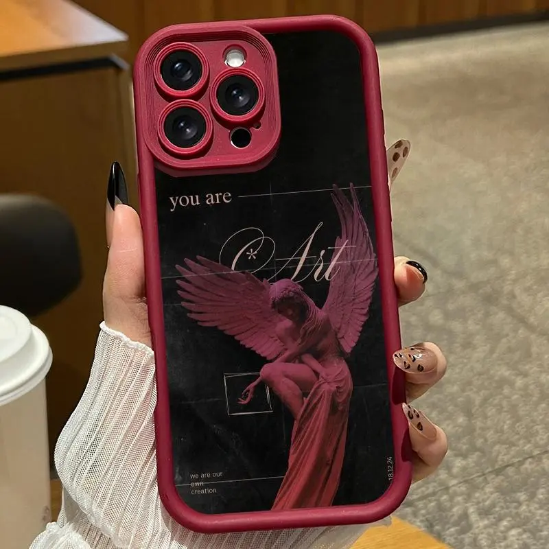 Wine-red plaster angel wing design phone case. Compatible with iPhone 17 Pro Max/16 Pro Max/15 Plus/14/13/12/11, TPU soft case. Compatible with Galaxy S26 Ultra/S25 Plus/S24/S23, Dopamine color. Compatible with Galaxy A54/A53/A33/A15.