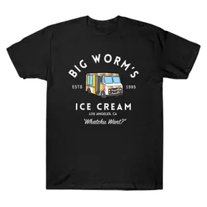 Big Worm's Ice Cream - "Whatchu Want?" - Los Angeles,Unisex Cotton Tee, Womenswear Menswear Clothing Top Fits Shirt, Crewneck Tshirt, Funny Shirt, Meme Shirt Casual Classic Tropical Round Neck Love Shortsleeve Quote Suit Streetwear Summer Black