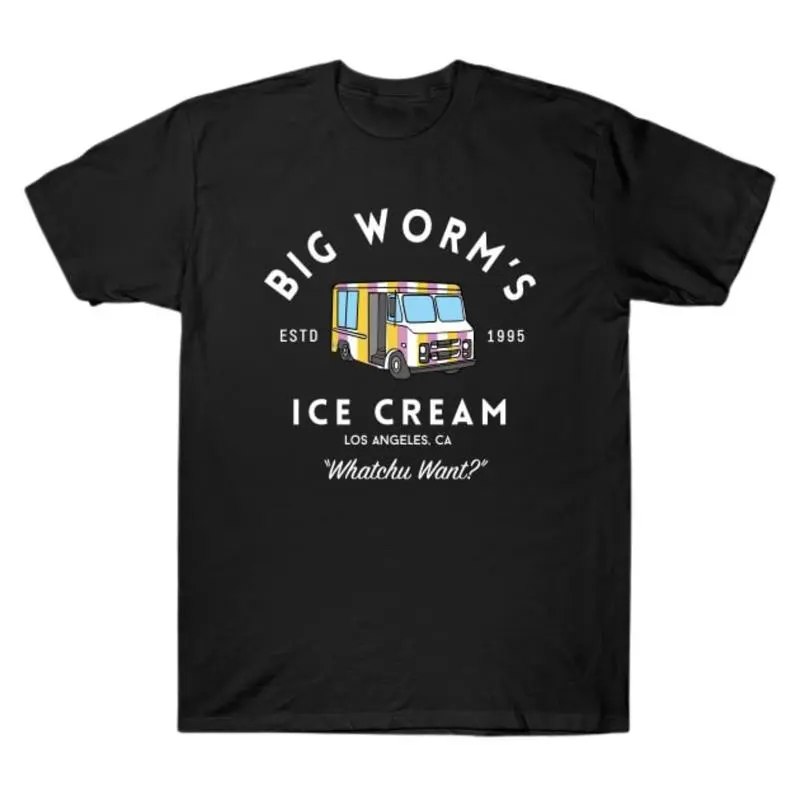 Big Worm's Ice Cream - "Whatchu Want?" - Los Angeles,Unisex Cotton Tee, Womenswear Menswear Clothing Top Fits Shirt, Crewneck Tshirt, Funny Shirt, Meme Shirt Casual Classic Tropical Round Neck Love Shortsleeve Quote Suit Streetwear Summer Black