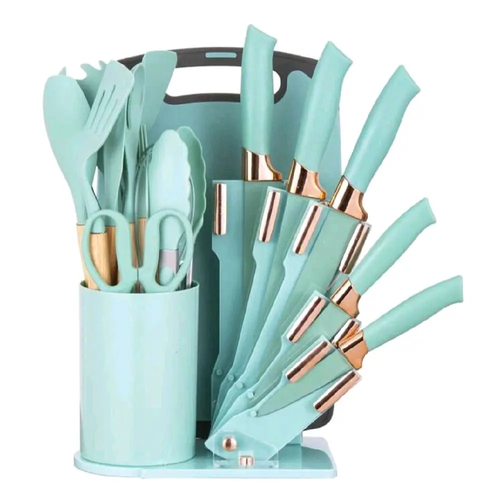 19pcs Premium Silicone Kitchen Utensil & Knife Set - Heat-Resistant, Non-Stick Cooking Tools With Wooden Handles & Chef Knives - Includes Storage Stand - Perfect Gift For Juneteenth
