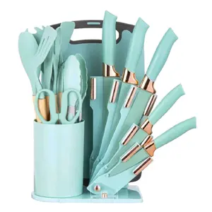 19pcs Premium Silicone Kitchen Utensil & Knife Set - Heat-Resistant, Non-Stick Cooking Tools With Wooden Handles & Chef Knives - Includes Storage Stand - Perfect Gift For Juneteenth