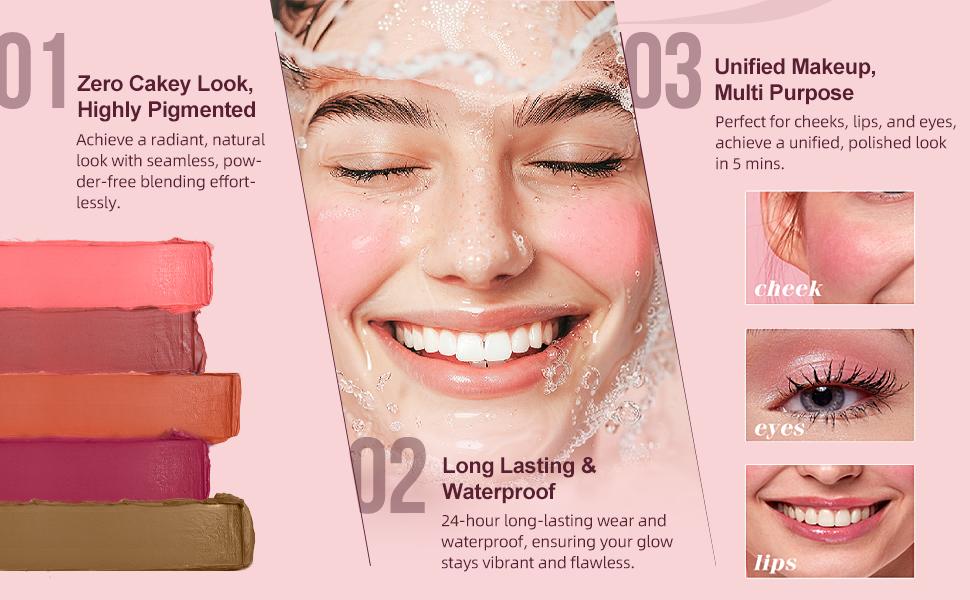 Multi-Use Waterproof Makeup Cream Blush Stick with Brush, 3-in-1 Buildable Blush Stick for Cheeks, Eyes, and Lips, All day wear, Easy Application