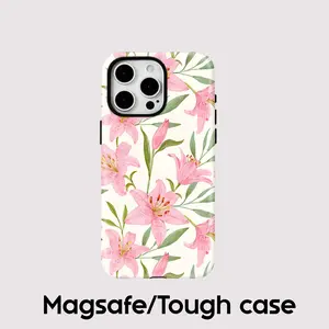 [Magsafe , Tough Case] Elegant Floral Phone Case – Pink Lily Botanical iPhone Case, MagSafe Tough Protective Cover, Phone Case for iPhone 17 16E 16 15 14 13 12 11