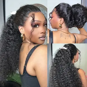 PIOGH 13x6 Water Wave Lace Frontal Wig 360 Invisible Drawstring Wear Go Gluless Wig Human Hair Preplucked Curly Wave Wig Natural Black Color Medium Size 22-22.5 Inch
