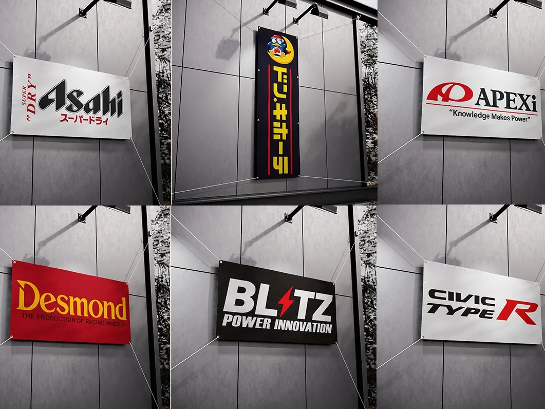 JDM Racing Garage Flag Collection, Bride Asahi Don Quijote Apexi BBS Desmond Blitz Civic Type R and Coco Ichibanya Automotive Wall Banner, Japanese Car Culture Workshop Decor, Motorsport Gift for Men and Racing Fans