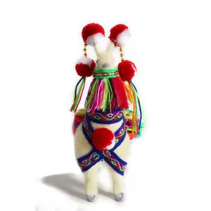 Wool Multicolor Llama Figurine. Peruvian Folk Art. 7.5" Tall
