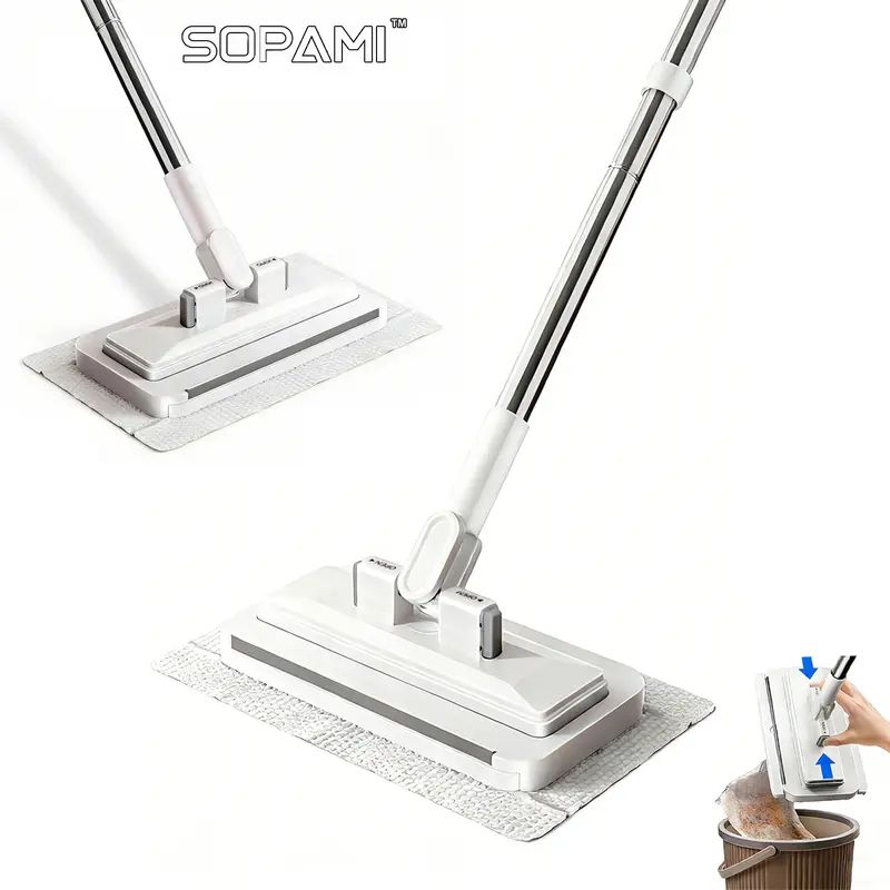 SOPAMI Retractable Flat Dust Mop - Removable Mop with Clamp Design, 1-Click Cloth Swap, Hands-Free No Hand-Wash Floor Care Tool for Hardwood & Tile, Wet Dry Cleaning