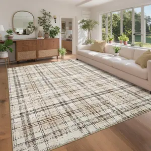 Washable Plaid Area Rug for Living Room, Distressed Checkered Bedroom Rugs with Non Slip Back Modern Geometric Low Pile Floor Rug Textured Stain Resistant Ultra Thin Large Throw Carpet for Farmhouse Dining Room Office