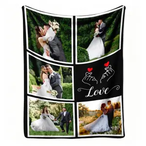 Custom 5 Photo Wedding Flannel Blanket, Personalized Mr Mrs Love Collage Pattern Soft Warm Throw, Cozy Nap Blanket for Sofa Couch Bed, Customized Romantic Newlywed Gift for Couple Him Her, Anniversary Valentine's Day Birthday Gift
