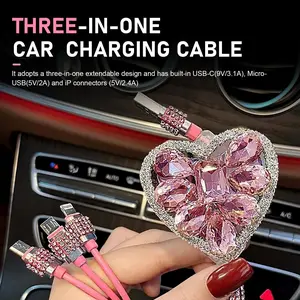 Retractable Heart Shape Charging Cable, Elegant Rhinestone Craft, 3-in-1 Fast Charging Wire, All iPhone Android Type-C Supported, Exquisite Female Car Accessory