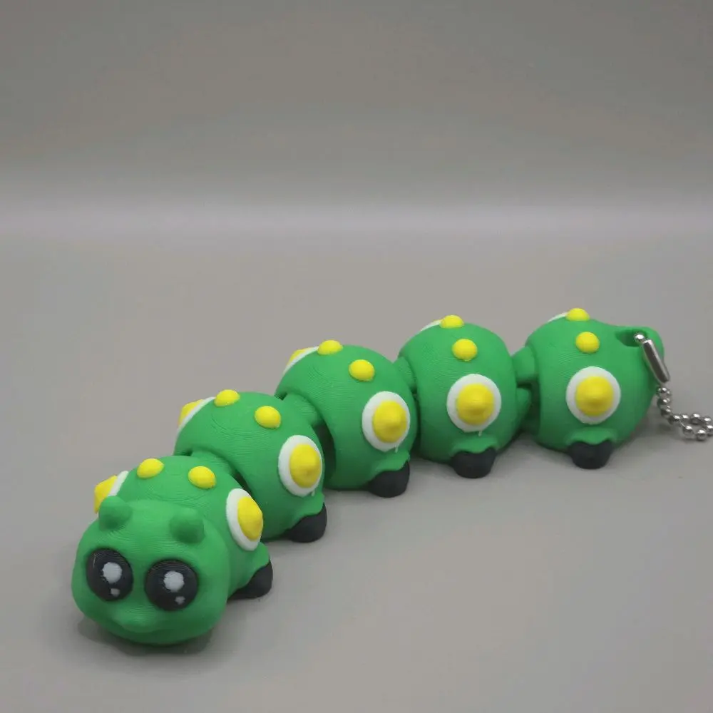 Caterpillar 3D Printed Keychain - Green with Yellow Dots & Chain Attachment - Unique Design Accessory