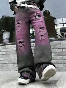 Four Seasons Men's American Retro Purple Gradient Ripped Hole Patch Loose Straight Wide-Leg Zipper Jeans, Non-Stretch Denim Pants, Streetwear, Classic, Comfortable Loose Fit. Suitable for daily casual, city gatherings, weekend fashion