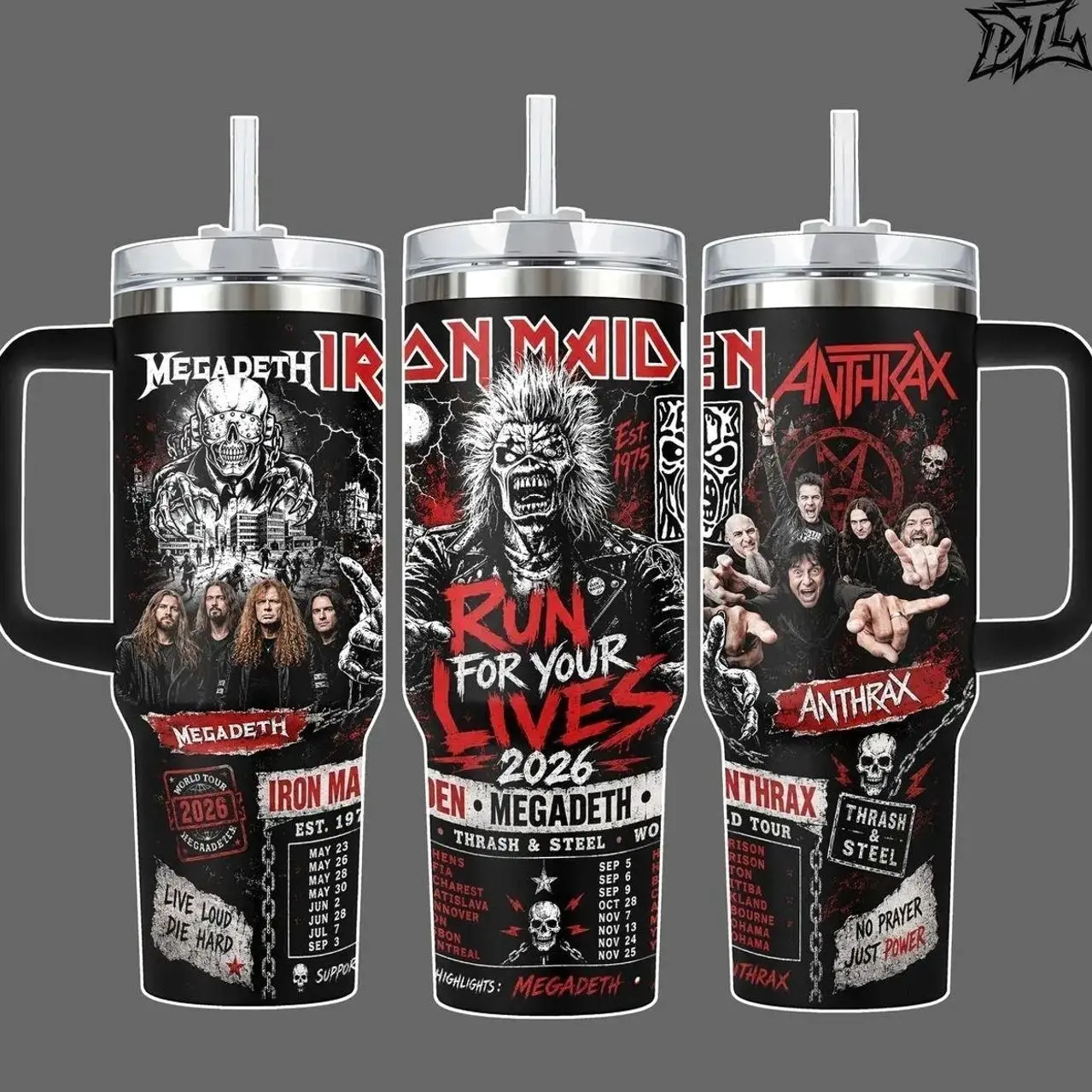 Iron Maiden Megadeth Anthrax Run For Your Lives 2026 Tour 20oz, 40oz Tumbler | Stainless Steel Insulated Travel Mug with Handle and Straw Heavy