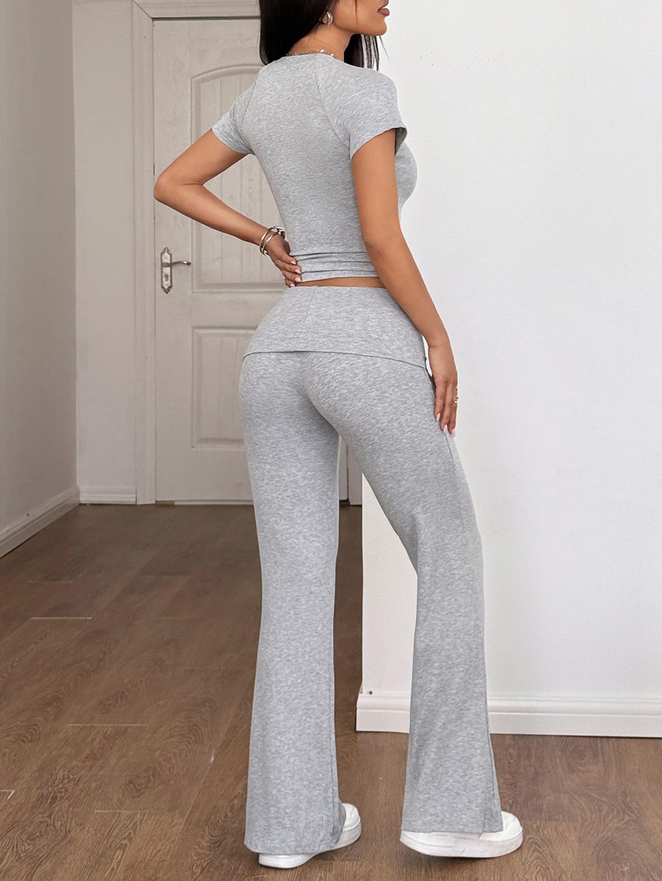 Short Sleeve Wide Leg Long Pants Two-Piece Set for Women