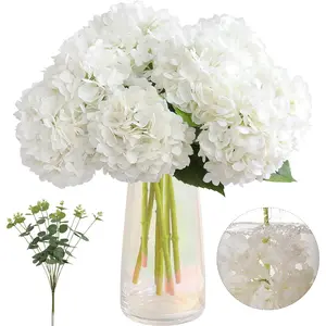 4pcs Fake Hydrangea with Vase -3D Real Faux Hydrangea Flowers and 3pcs Eucalyptus Stems for Wedding Centerpiece Home Table Decoration(White)