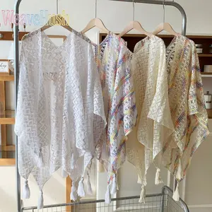Premium Retro Knitted White Hollow‑Out Shawl Cape, Viral Fringed Thin Split Cardigan with Matching Mini Vest, Dainty Elegant Oversized Wrap, Versatile Layering Accessory for Daily Outfits, Travel Photos, Bohemian Style & Trendy Evening Occasions