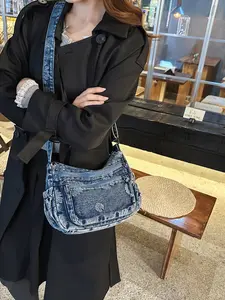 Distressed Denim Daisy Crossbody Bag Multiple Pockets For Women Daily Commute School Shopping Casual Shoulder Messenger Bag
