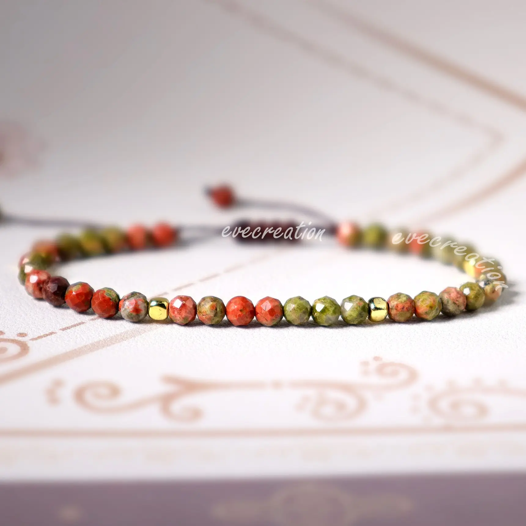 Natural Faceted Unakite Energy Healing Beaded Bracelet for Women - Handmade Tibetan 4mm Beads, Adjustable Beaded Design, Unisex Fit for Men, Energy Healing Bracelet