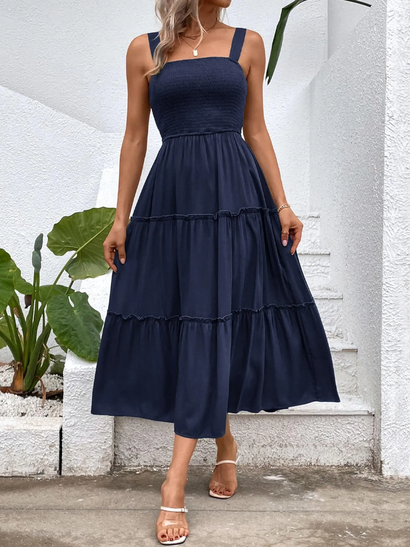 Women's Frill Trim Ruffle Hem Shirred Backless Fitted Sundress Cami Dress,  Sleeveless A Line Long Dress,