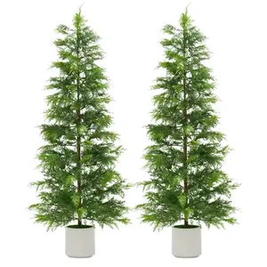 2 Pack 6Ft Artificial Cedar Topiary Trees for Front Porch Decor, Artificial Christmas Tree, Uv Rated Potted Plants, FauxPlants for Entryway, Living Room, Office, Apartment