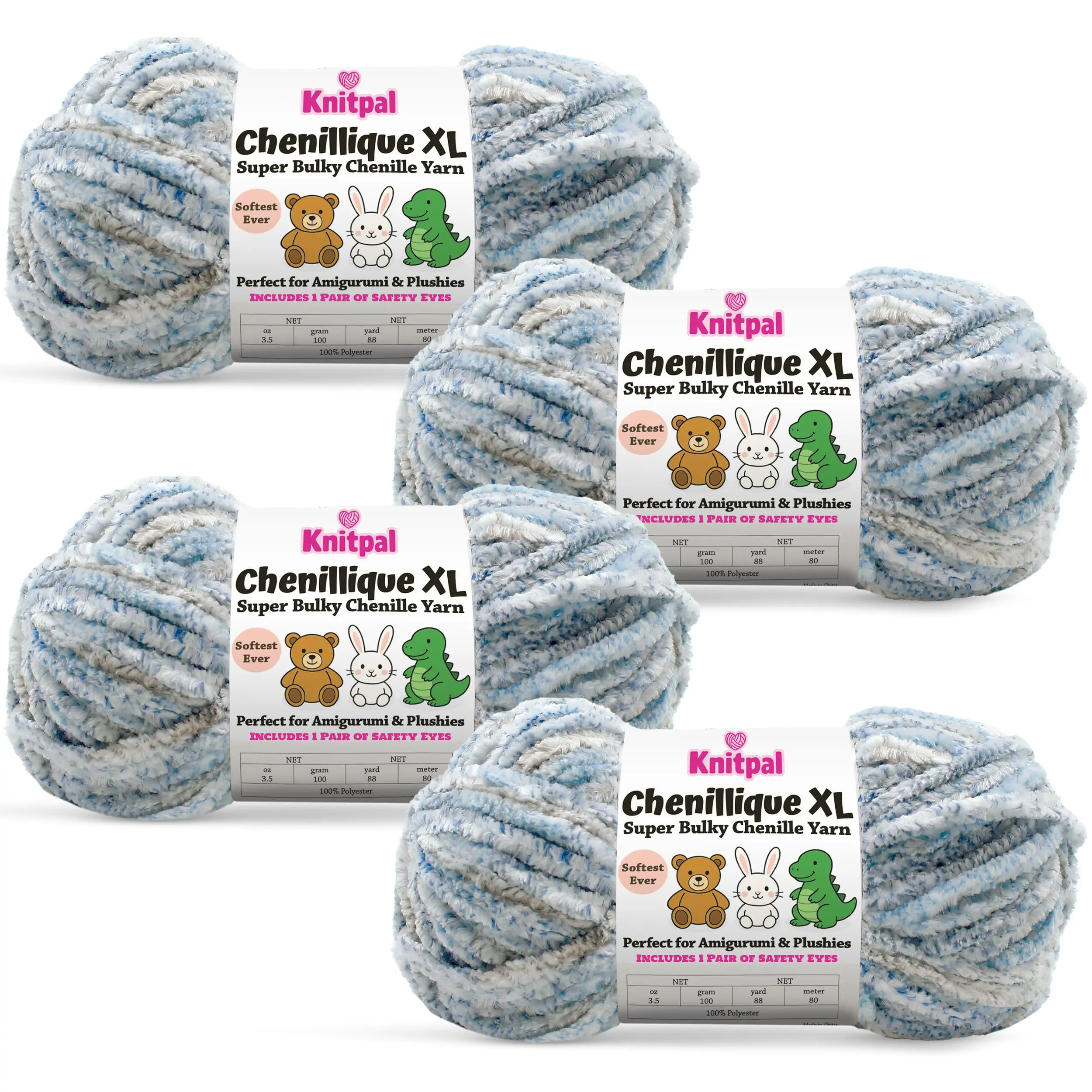 KnitPal Chenillique XL Chunky Super Bulky Soft Polyester Yarn 4-Pack, 352yds 400g Variegated, 6 WPI, Machine Washable, Tumble Dry Low, Shape-Retaining for Crafters’ Matching Sets, Baby Blankets, Plushies