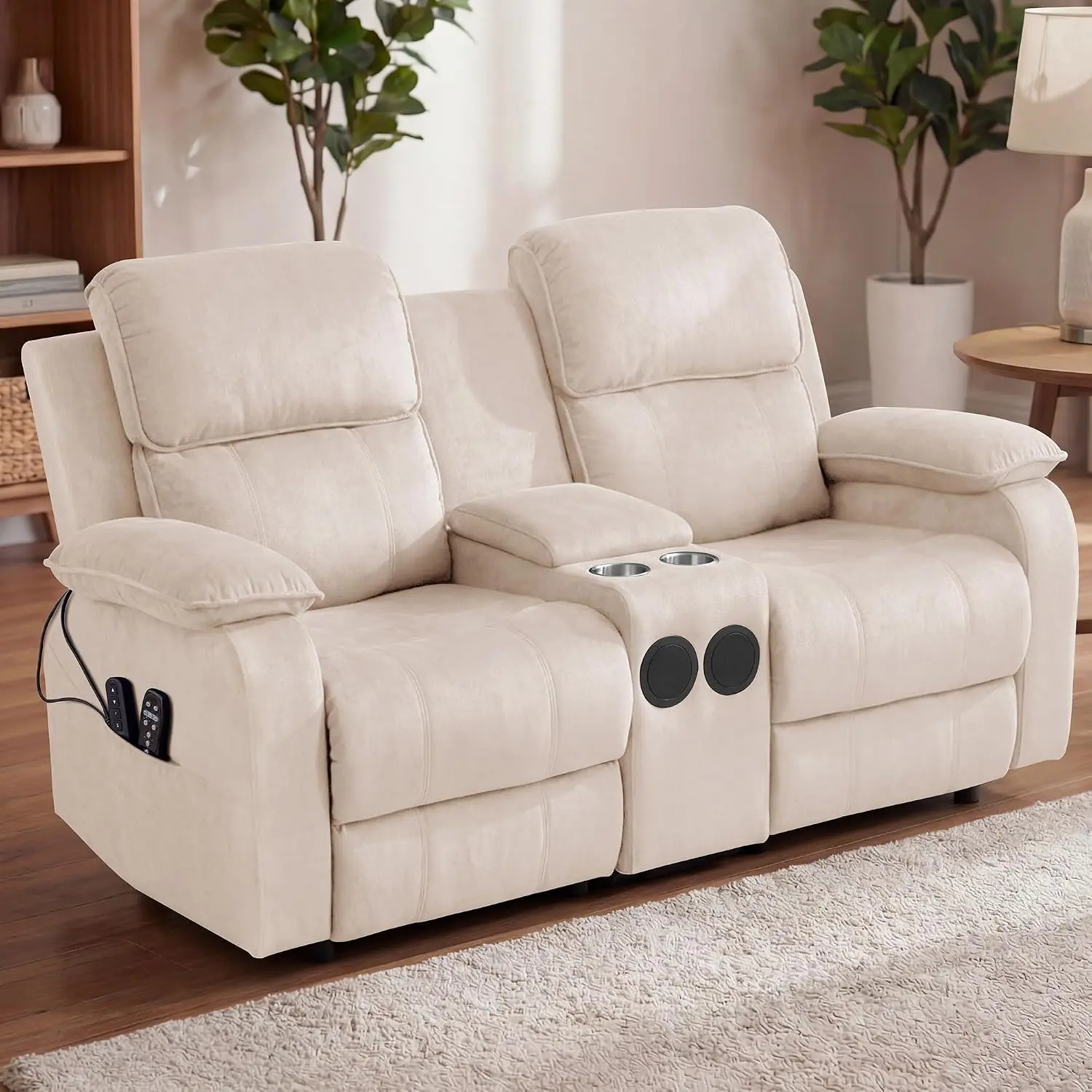 【2-3 Packages Ship】Power Loveseat Recliner Sofa with Console, Soft Flannel Electric Reclining Couch, Heat & 8-Point Massage, Bluetooth Speakers, Flip-Top Storage, Cup Holders, Side Pocket Living Room Loveseat Ergonomic Recliners