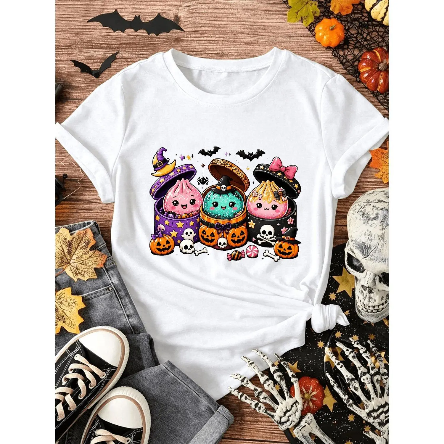 Halloween T-Shirts Adorable Kawaii Dumplings Graphic Print Crew Neck Short Sleeve Casual Fun Spooky Party Costume Holiday Outfit Comfortable Summer Top Gift