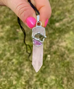 Transformation Love Blade Amulet (Love & Happiness) Pendant with Black Satin Cord, Rose Quartz, Amethyst, Moldavite