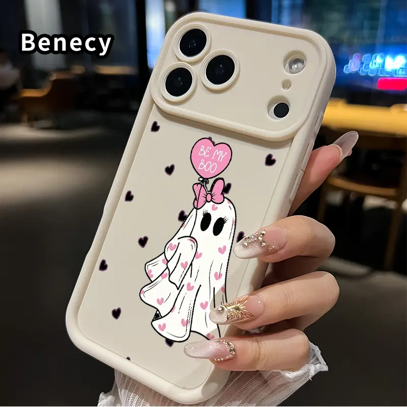 Cute Be My Boo Ghost Heart Bow Phone Case Pink Halloween Love Print Shockproof Soft TPU Protective Cover Full Camera Protection Perfect Spooky Valentine Gift For Women Compatible For iPhone 17 16 15 14 13 12 11 XR XS Pro Max Plus