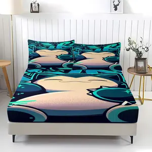 3 Piece Snorlax Themed Fitted Sheet Set, 1 Fitted Sheet + 2 Pillowcases, Soft Polyester Cartoon Print Bedding, Bedroom Decoration, Ideal Holiday Birthday Gift for Kids & Fans, Fan Art Design