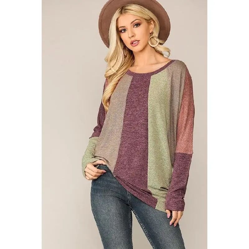 Gigio Colorblock Dolman Sleeves Top - Burgundy Mix