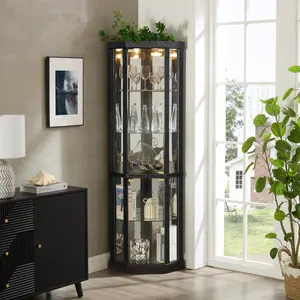 Glass Display Curio Cabinet Lighted Corner Cabinet- Elegant Glass Display Case for Living Room & Bar Storage - Perfect for Antique Collections & Wine - Includes Built-in Lighting - BLACK