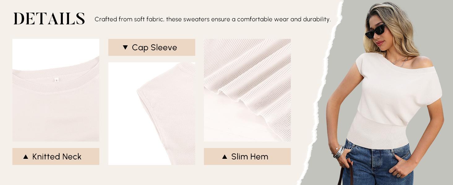 Womens Off The Shoulder Sweater Cinch Waist Going Out Tops Summer Knit Cap Sleeve Vacation Trendy Pullover