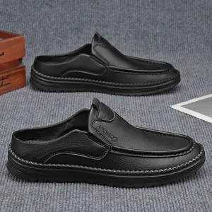 Men’s Classic Backless Leather Slip-On Loafers - Breathable, Comfortable Mule Shoes, Non-Slip Casual Footwear for Work, Driving