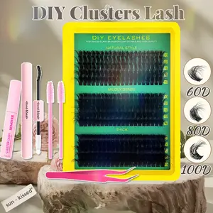Lash Clusters Wispy Lash Extension Individual False Eyelash 60D 100D D Curl Volume Individual Lashes 10-18mm Cat Eye Natural Look Waterproof for Summer Makeup Back to School Tool DIY Lash Extension with Bond & Seal, Lashes Extension Kit