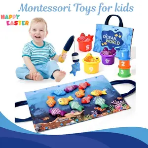 Montessori Toys for 1 Year Old – 20PCS Toddler Fishing Game with Stacking Cups, Color Sorting Sensory Toy for 12-18 Months, Easter & Birthday Gifts for 1-3 Year Olds (Blue)