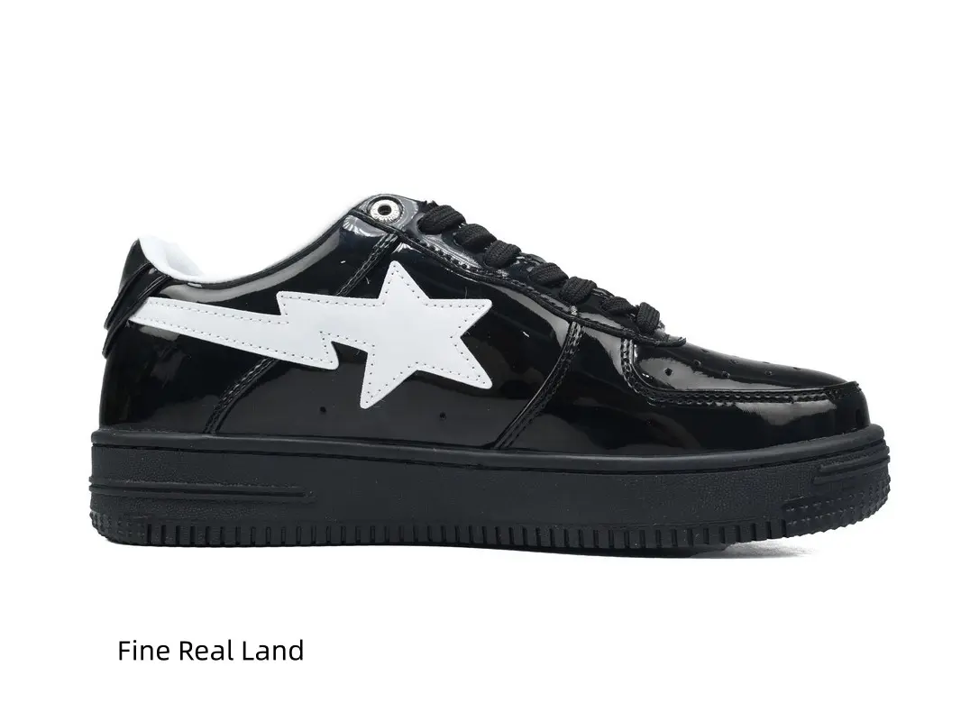 Sleek glossy all-black skate sneakers with standout solid white star patch, eye-catching staple for dark street outfits #ChunkySkateShoes #AllBlackStreetSneakers #GlossCasualShoes