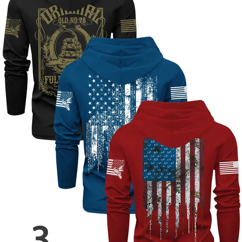 Men's 3-Piece Knit Flag Letter Print Hooded Long Sleeve T-Shirt Set, Casual Outdoor Spring & Fall Wear, Fitted Design, 3-Pack, Casual Print Clothes