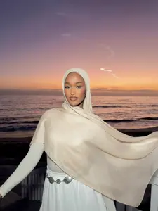 Women's Elegant Pleated Sequined Scarf Hijab, Pure Color Modesty Muslim Long Headscarf, Sun Protection Shawl, Suitable for All Occasions