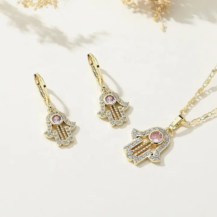 18K Gold Plated Hamsa Hand Protection Pendant Necklace & Huggie Earrings Jewelry Set