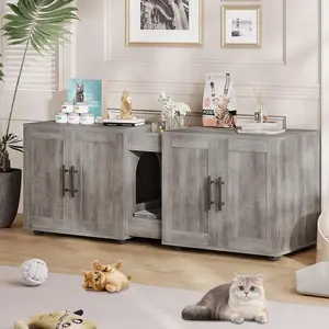 Double Cat Litter Box Enclosure for 2 Cats - Large Wooden Cabinet with Hidden Storage, Waterproof Easy-Clean Surface, Modern Cat Furniture for Living Room