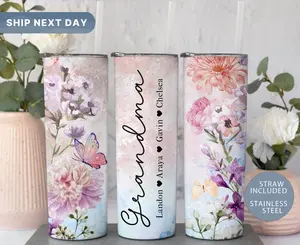 Floral Grandma Tumbler Cup with Names, Custom Grandmother Butterfly Tumbler, Grandma Travel Mug, Gift for Grandmother